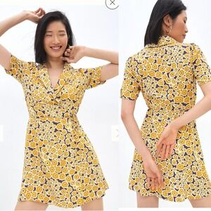 Anthropologie Corey Lynn butter yellow  Floral Wrap‎ Dress Short Sleeve Large